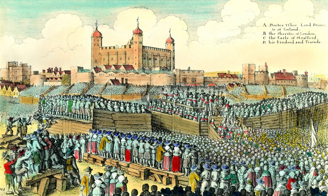 第一次英国革命（1641-1649）：1641 年 5 月 12 日在伦敦塔山处决英国政治家托马斯·温特沃斯·德·斯特拉福德（Thomas Wentworth de Strafford，1593-1641）。 Wenceslaus Hollar (1607-1677) 雕刻 17 世纪私人收藏 作者 瓦茨劳斯·霍拉尔