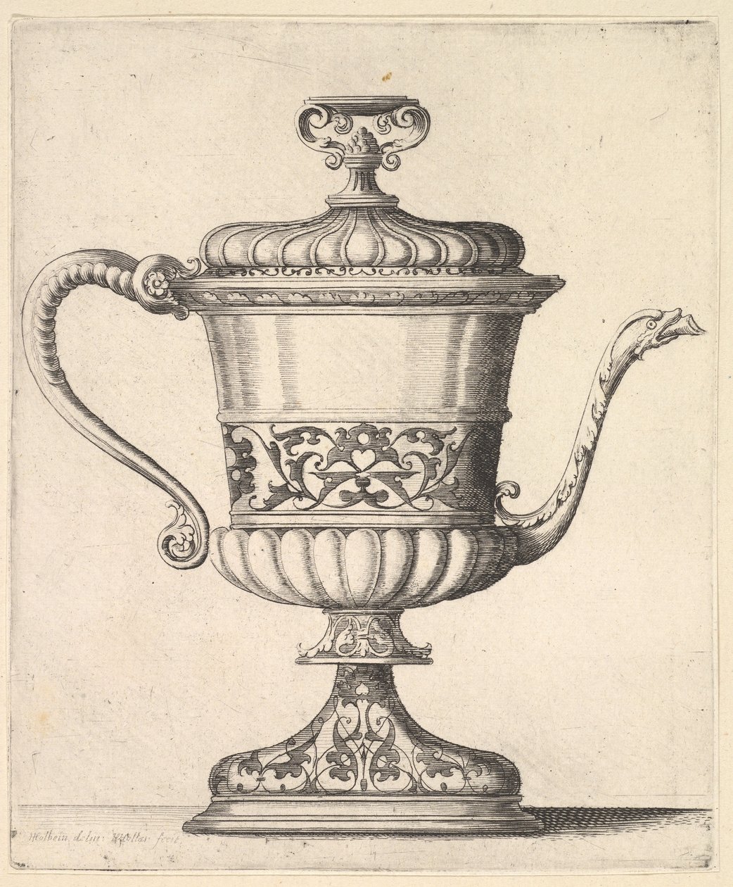 带盖子的水罐，刻有蔓藤花纹，右端的细嘴以蛇形结束，1625-77年。 作者 瓦茨劳斯·霍拉尔