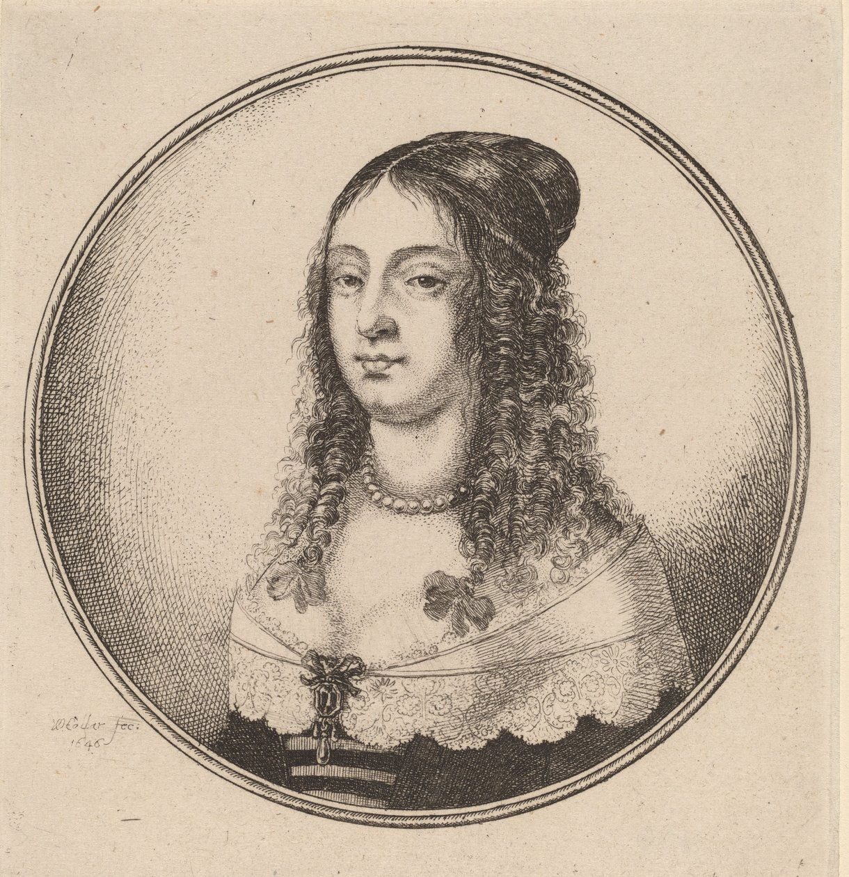 头发上有蝴蝶结的女士，1646年。 作者 瓦茨劳斯·霍拉尔