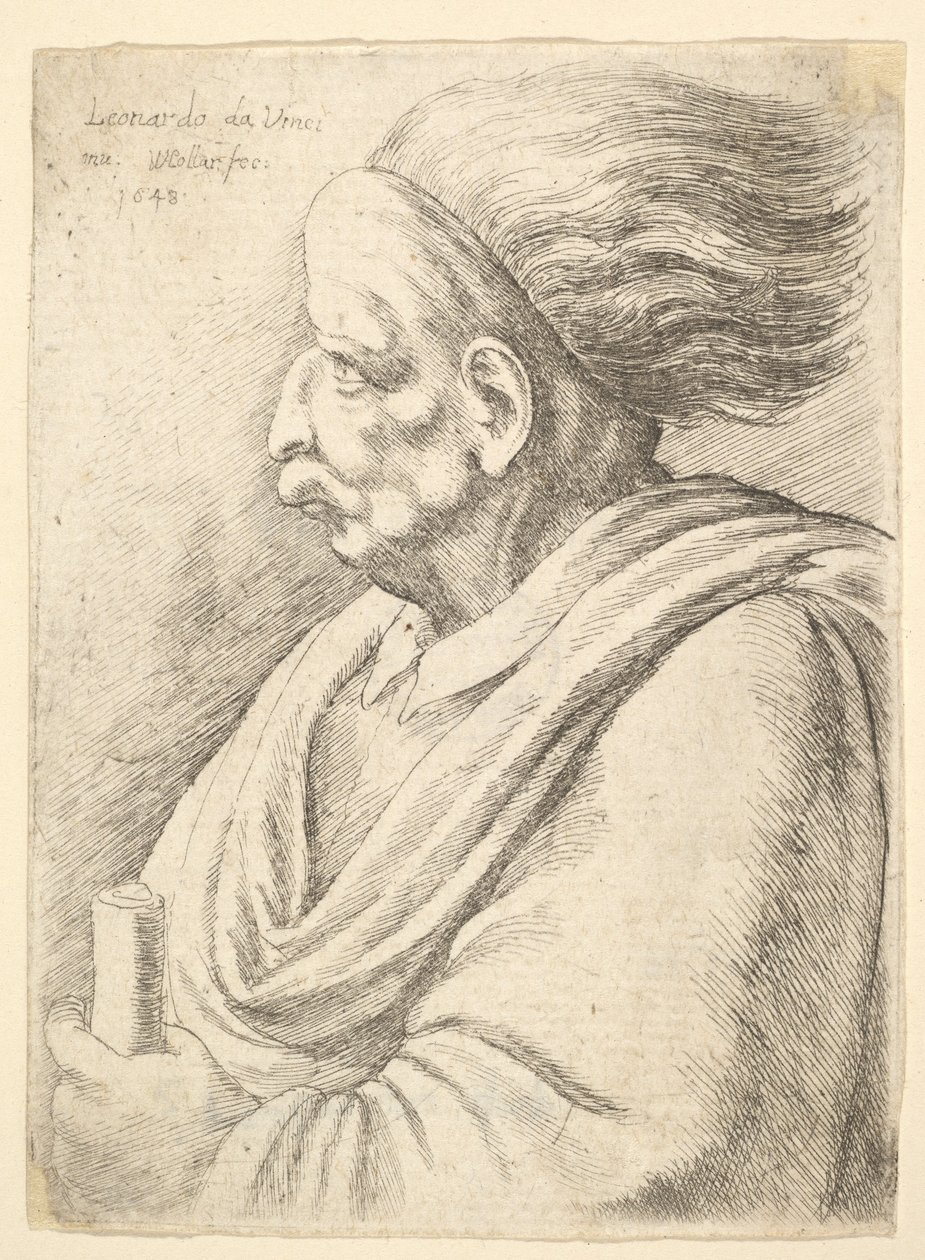 具讽刺意味的特征，头发向后（左半边向左）的男人，1648年。 作者 瓦茨劳斯·霍拉尔