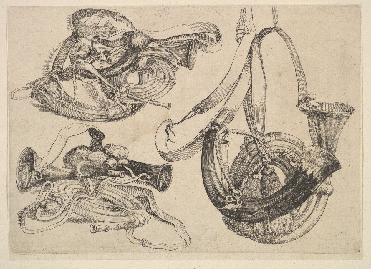 1625-77年，三个组的七个猎号。 作者 瓦茨劳斯·霍拉尔