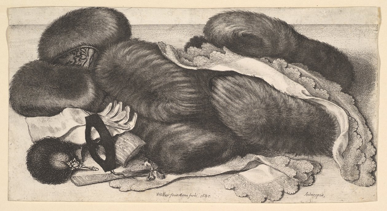静物画，有一组马夫，一双手套，风扇，面具和两条手帕，1647年。 作者 瓦茨劳斯·霍拉尔