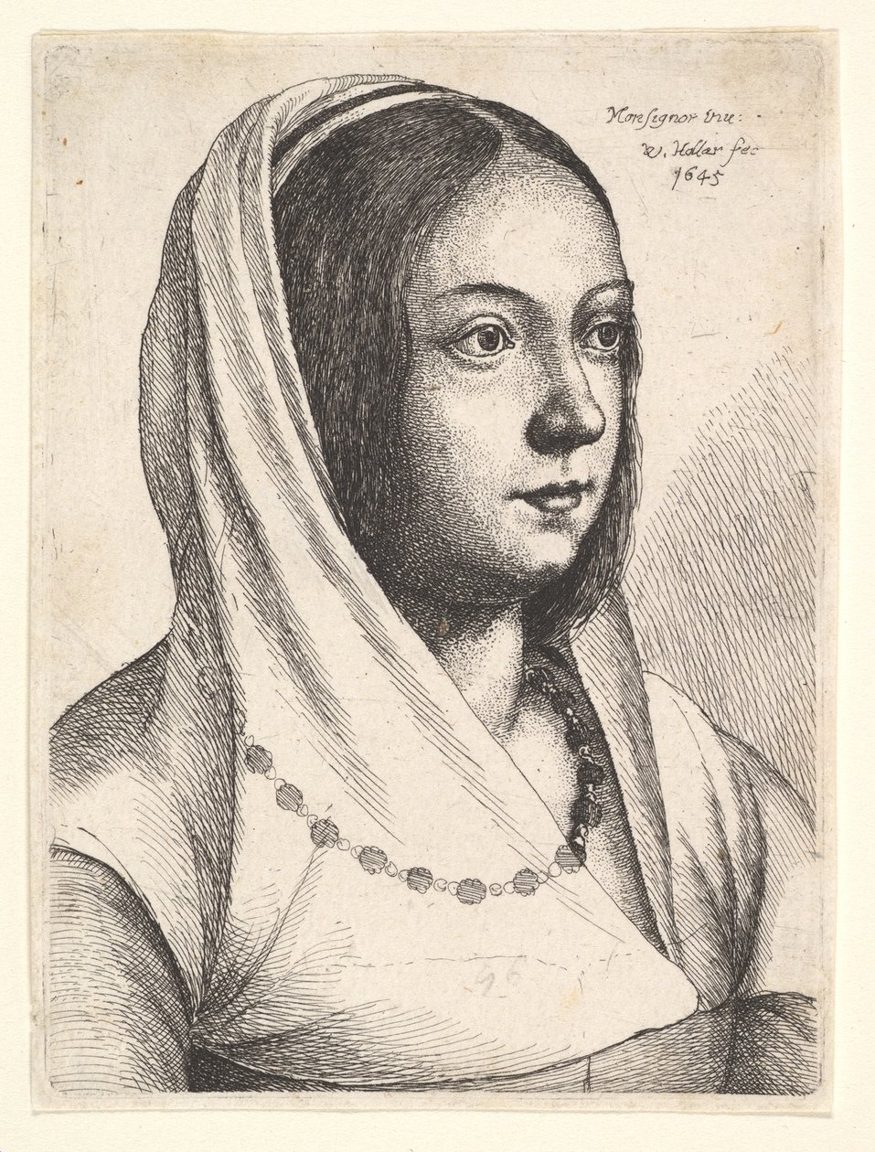 在Bonsignori之后，她的头上有一条围巾的年轻女子，1645年。 作者 瓦茨劳斯·霍拉尔