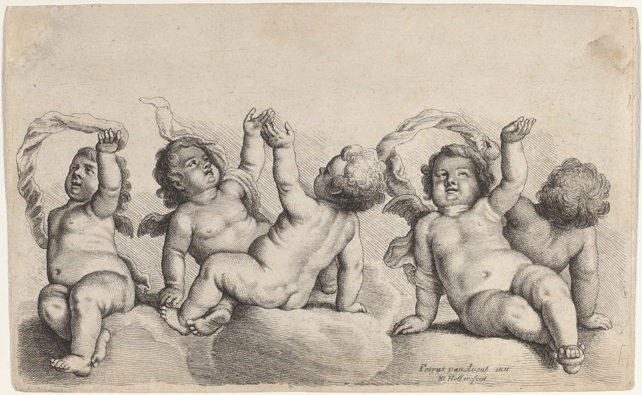 三个小天使和两个男孩各自在云上举起一只手臂 作者 Wenceslaus Hollar，根据 Peeter van Avont