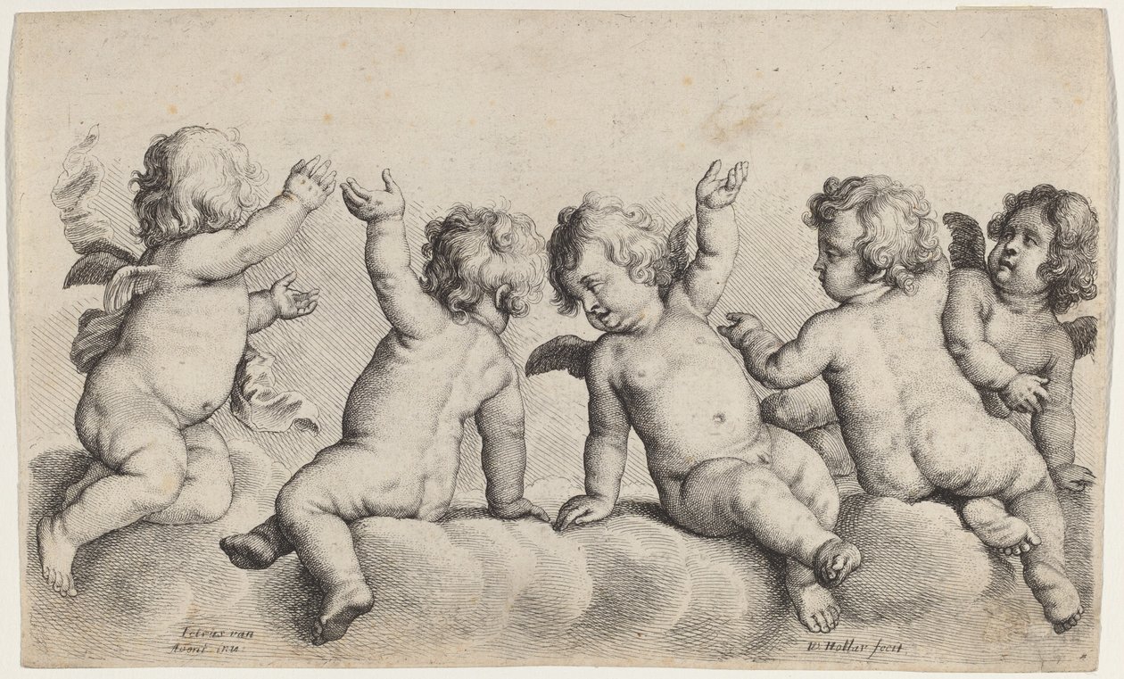 云上的三个小天使和两个男孩 作者 Wenceslaus Hollar，根据 Peeter van Avont