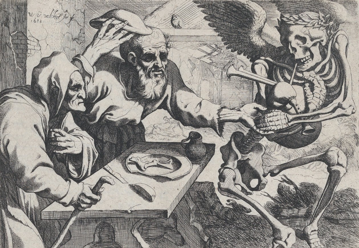 吹风笛的老夫妇和死亡，1612年。 作者 Werner Jacobsz。范登瓦尔克特