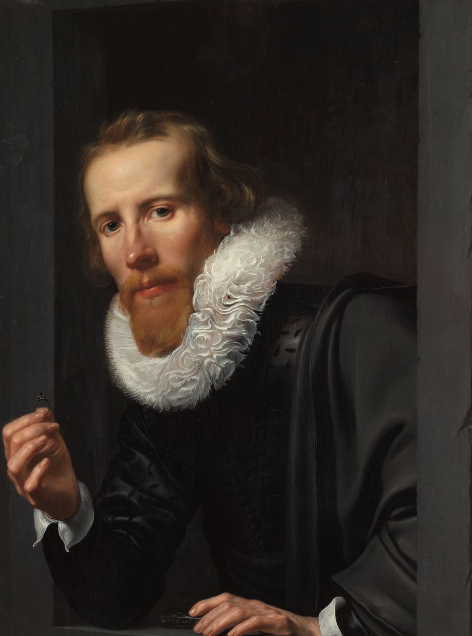 金匠肖像，可能是巴托洛梅斯-扬斯-范-阿森德尔夫特（Bartholomeus Jansz van Assendelft
戴戒指和试金石的男子肖像，可能是巴托洛梅斯-扬斯-范-阿森德尔夫特（1585-1658 年） 作者 Werner van den Valckert（艺术家签名）