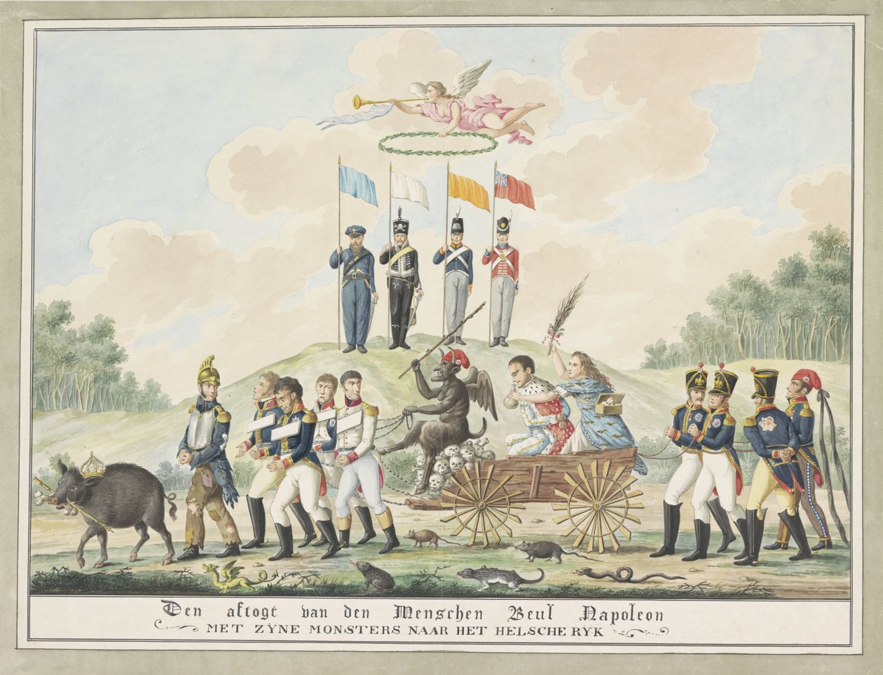 拿破仑被放逐到厄尔巴岛的漫画，1814 年
Den aftogt van den Menschen Beul Napoleon met zijn Monsters naar het Helsche Rijk（标题见实物） 作者 Wijnand Esser（归属于）