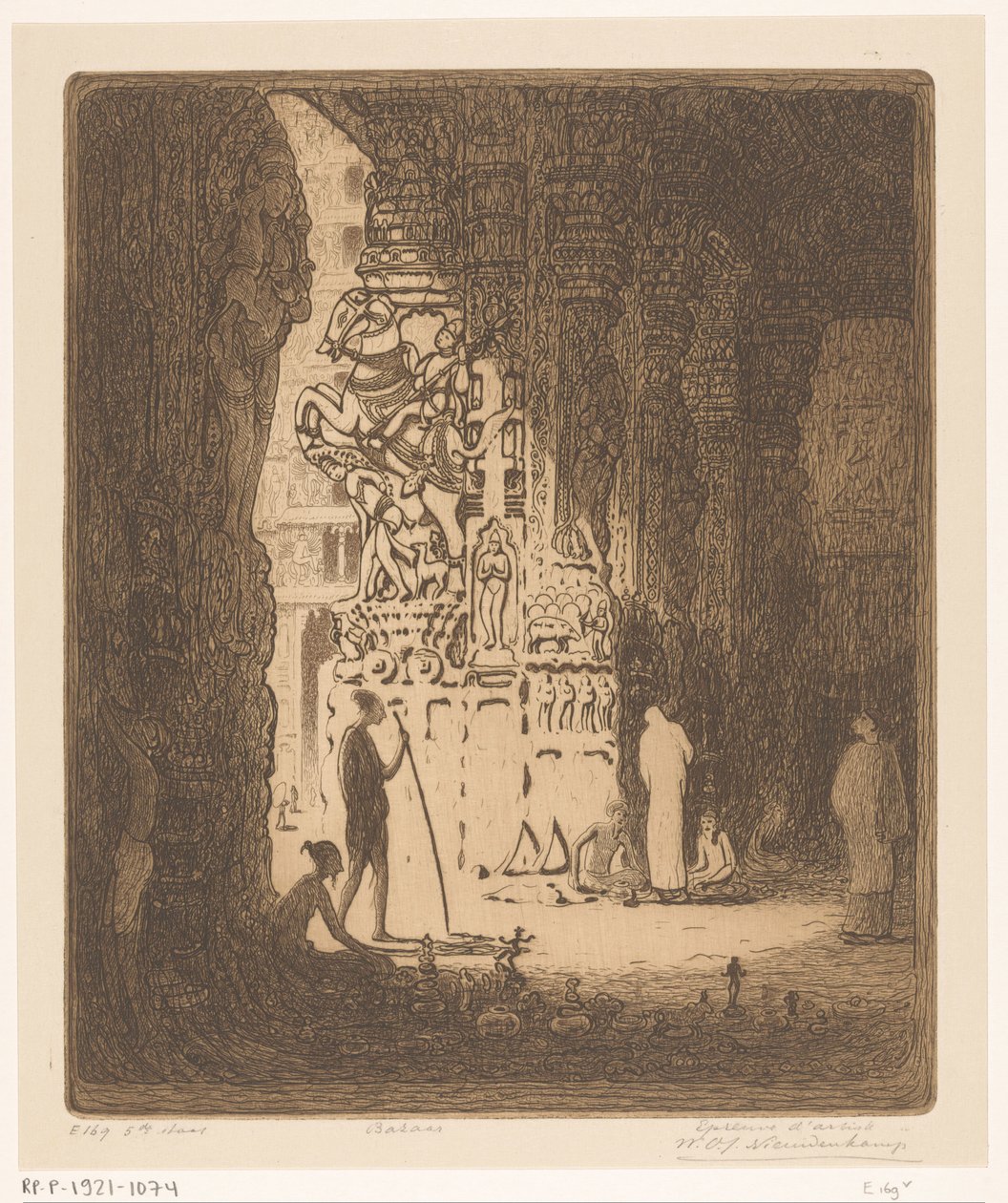 马杜赖集市上的雕刻柱 马都拉集市（原标题） 作者 Wijnand Otto Jan Nieuwenkamp（艺术家签名）