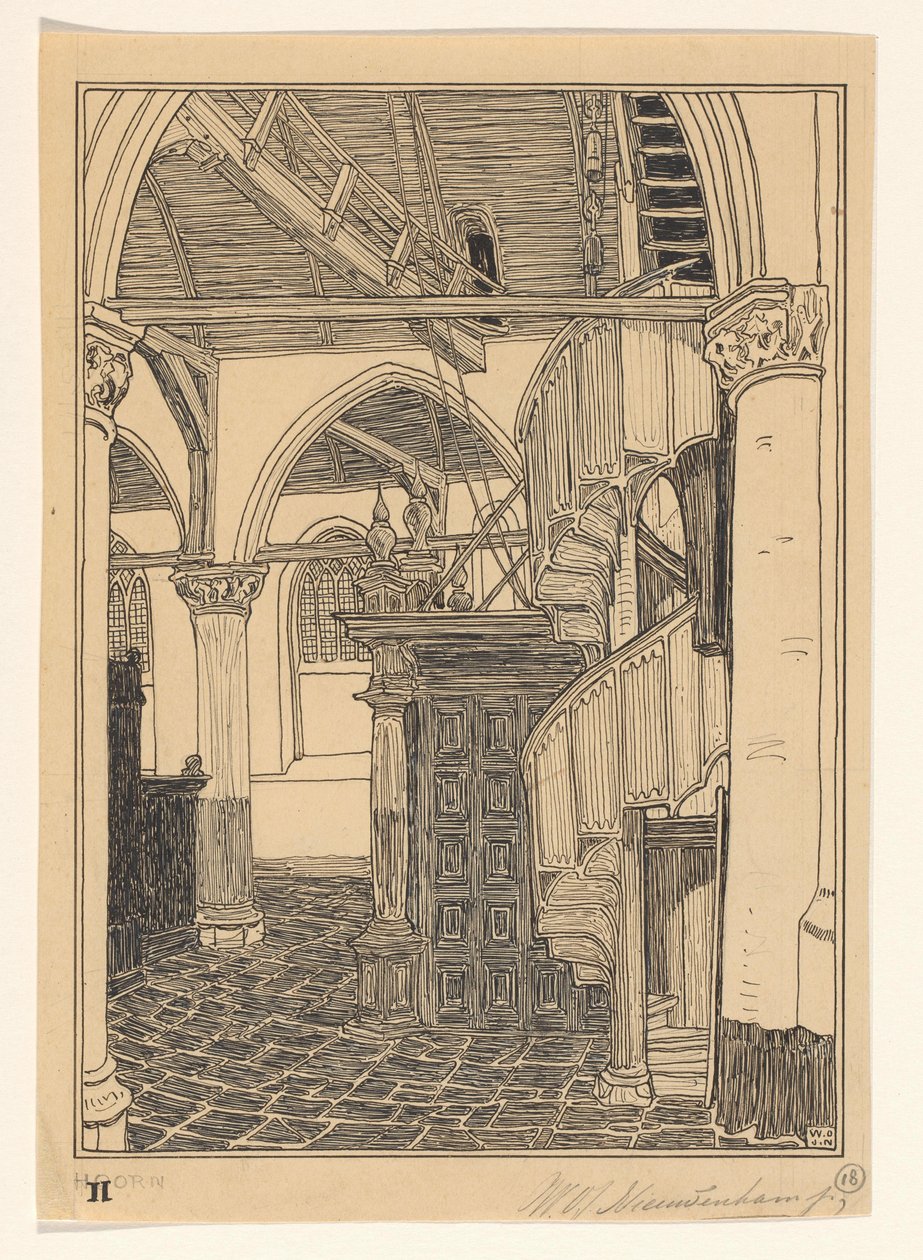 霍恩 Noorderkerk 内景 作者 Wijnand Otto Jan Nieuwenkamp（艺术家签名）