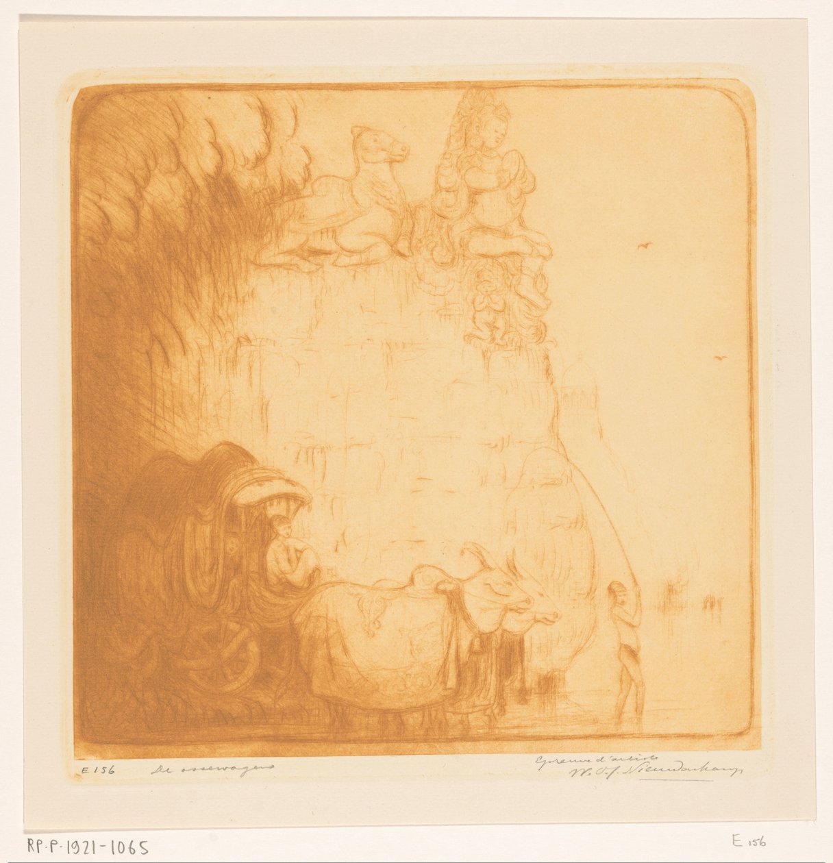 两头牛拉着一辆马车穿过河流
牛车（原标题） 作者 Wijnand Otto Jan Nieuwenkamp（艺术家签名）