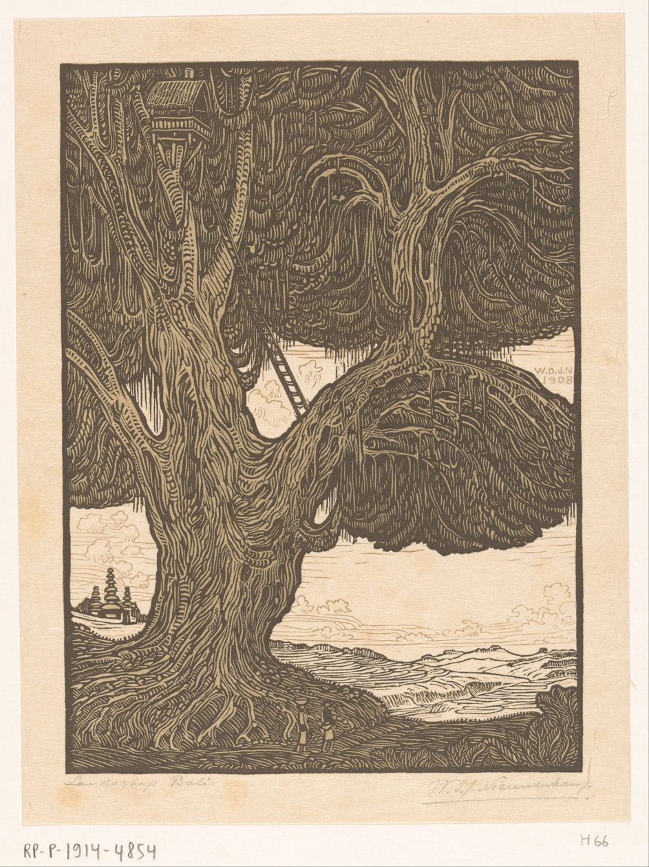 Waringin met boomhut in het zuiden van Bali Het wachthuisje, Zuid-Bali (original title) Landschap Bali (title on object) 作者 Wijnand Otto Jan Nieuwenkamp（艺术家签名）
