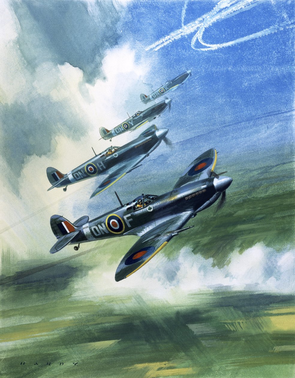 加拿大皇家空军 416 中队的巡逻飞行，喷火 Mark 9 型战斗机（纸面水粉画） 作者 威尔夫（20世纪）哈代