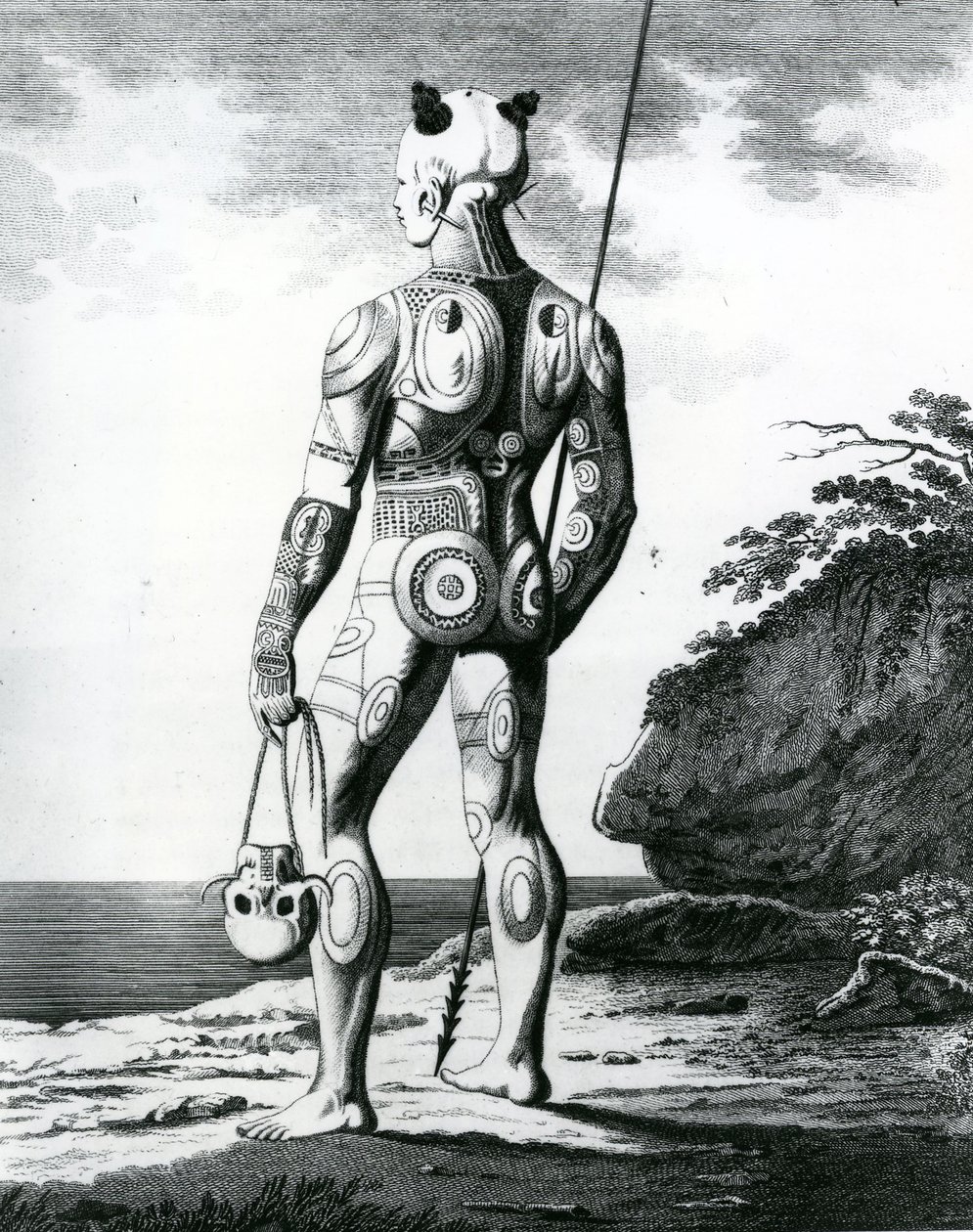 一个年轻的Noukahiwan男人没有完全纹身，1813年 作者 泰勒瑙的威廉·戈特利布·泰勒修斯