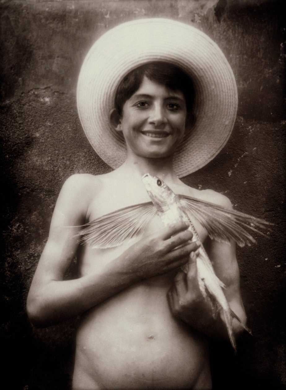 飞鱼的小男孩，西西里岛，c.1895（玻璃盘子） 作者 威廉·冯·格洛登男爵