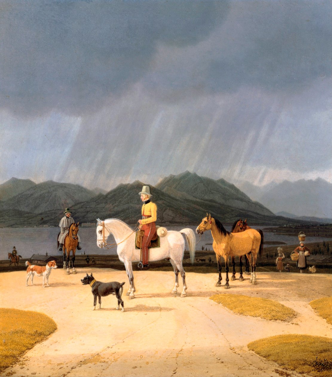 "" Cavaliers sur le lac Tegern Allemagne ""（泰根湖的骑手）威廉·里特·冯·科贝尔 (1766-1853) 1832 年木本油彩暗淡 282x263 厘米柏林国家博物馆 作者 威廉·亚历山大·科贝尔