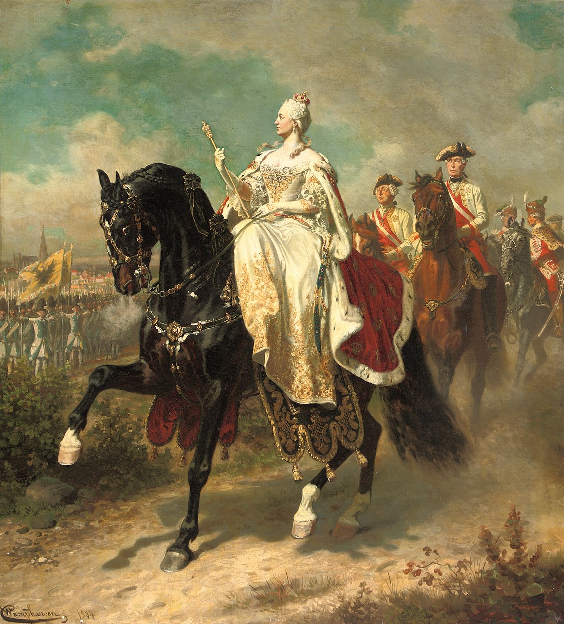 1884年，玛丽亚·特蕾西亚（Maria Theresia）皇后骑马检查奥地利军队 作者 威廉·坎普豪森