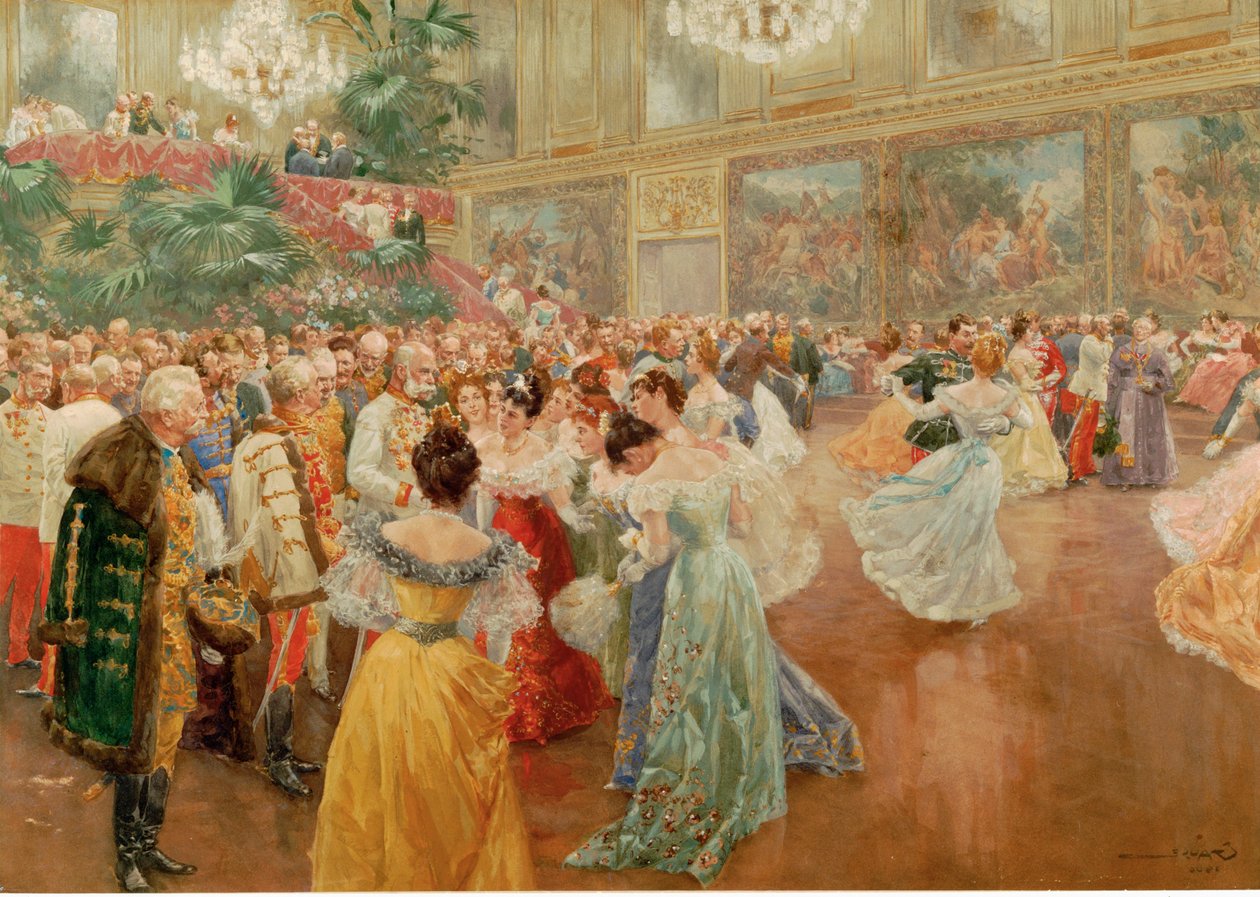 维也纳皇宫红顶大厅中的球场球（水彩画） 作者 威廉·高斯（Wilhelm Gause）