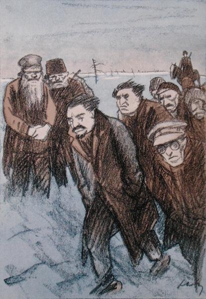 西伯利亚的列昂·托洛茨基（Leon Trotsky，1879-1940 年）的漫画，来自“Simplicissimus”杂志，1928 年 1 月（彩色平版印刷） 作者 威廉·舒尔茨