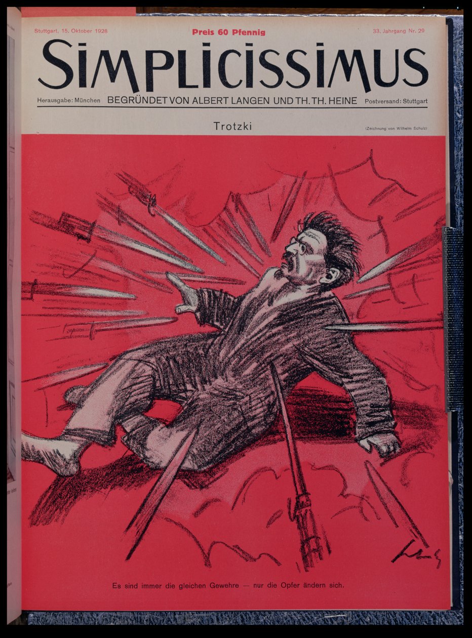 受到攻击的列昂-托洛茨基（1879-1940 年）的漫画，选自《Simplicisissimus》杂志，1928 年 10 月（彩色石版印刷）。 作者 威廉·舒尔茨