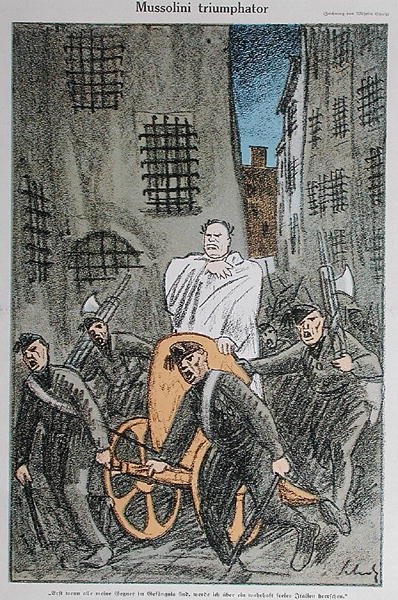 墨索里尼胜利者"，《Simplicissimus》杂志漫画，1925 年 11 月在慕尼黑出版（彩色石版）。 作者 威廉·舒尔茨