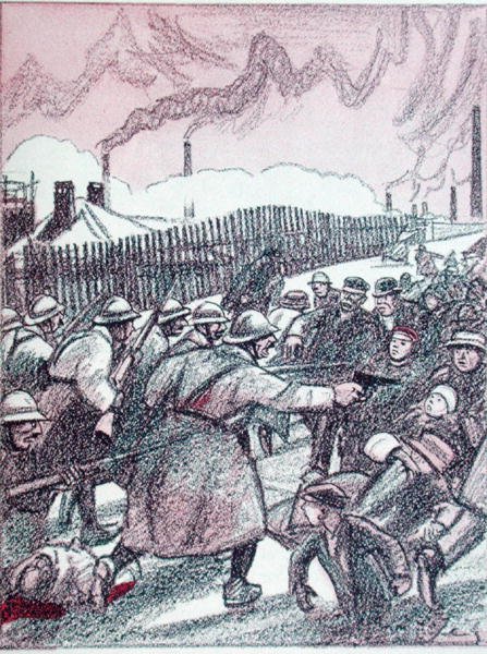 鲁尔占领期间法国军队的镇压，摘自《Simplicissimus》，1924 年 1 月（彩色石版印刷）。 作者 威廉·舒尔茨