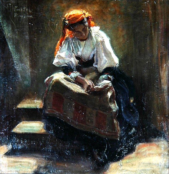 拿着书的女孩，约1900年（布面油画） 作者 威廉·瓦赫特尔
