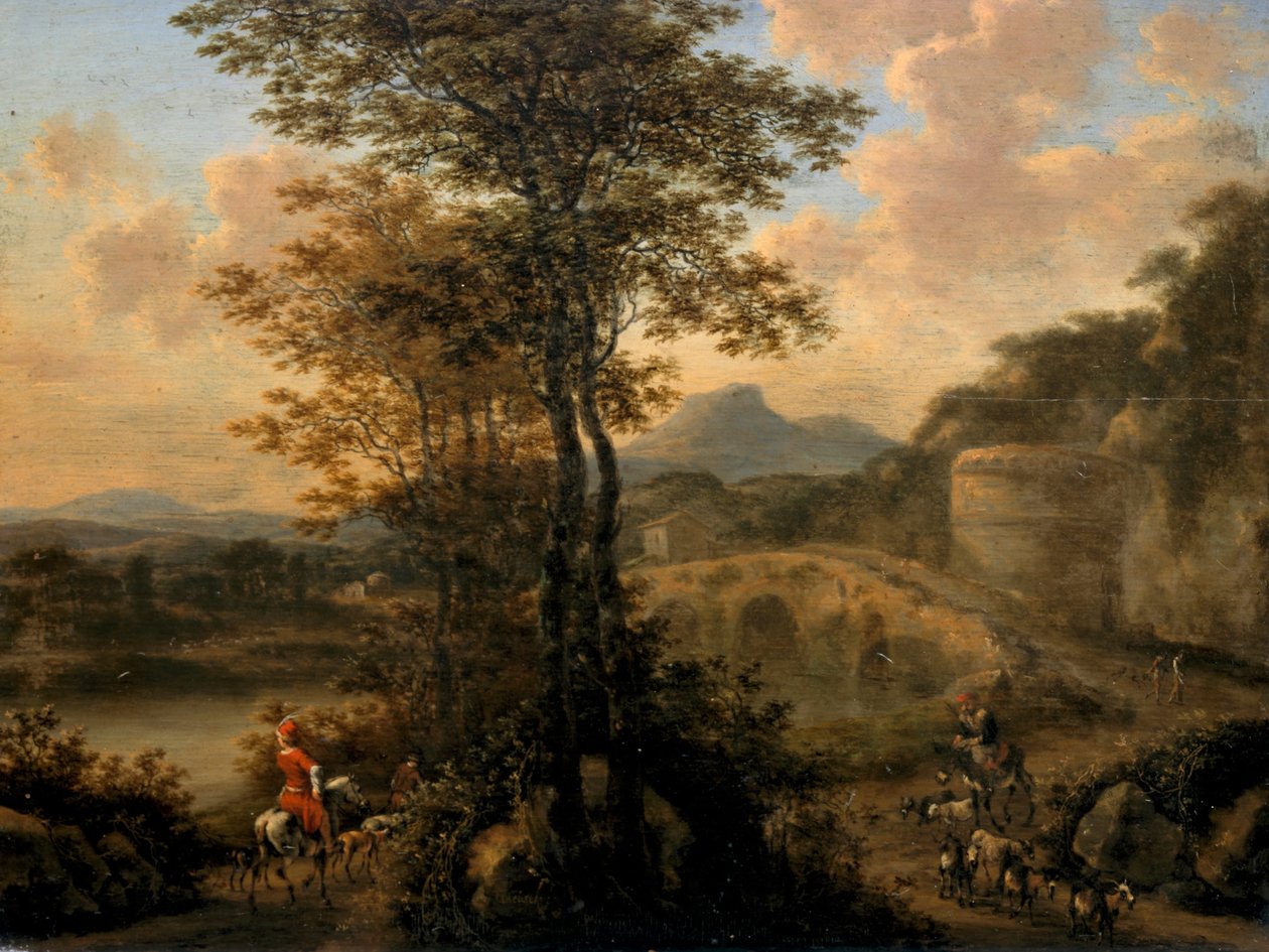 与石桥梁的意大利河风景 作者 威廉·德赫施