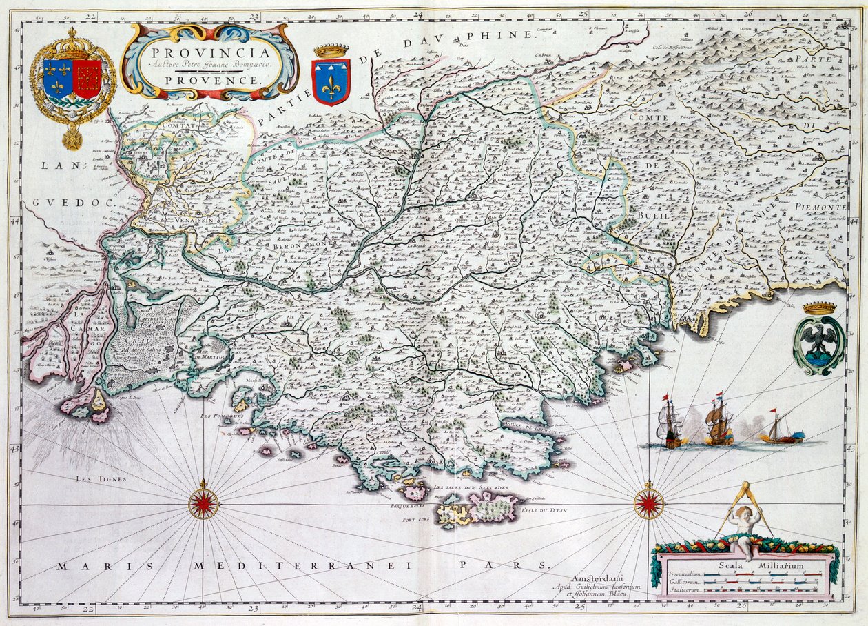 &39;Provincia&39;或普罗旺斯地图，现在是法国南部的一部分，1638年（手工彩色雕刻） 作者 威廉·詹松·布劳