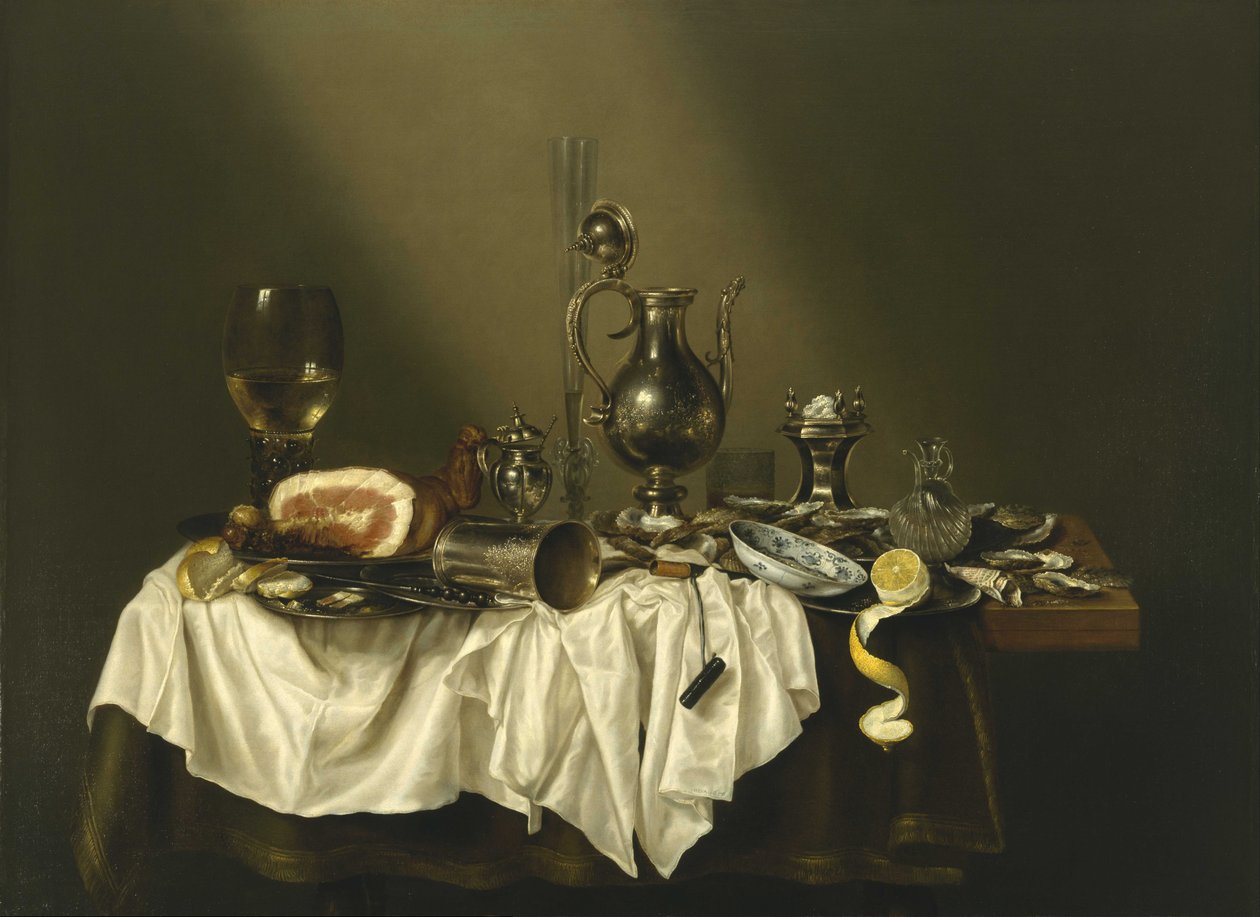 带火腿的办公桌 作者 威廉·克拉斯（Willem Claesz）。赫达