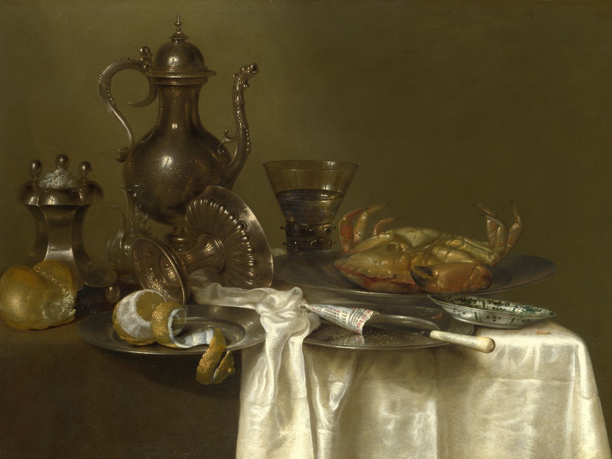 静物：锡和银器和螃蟹，c.1633-37 作者 威廉·克拉斯（Willem Claesz）。赫达