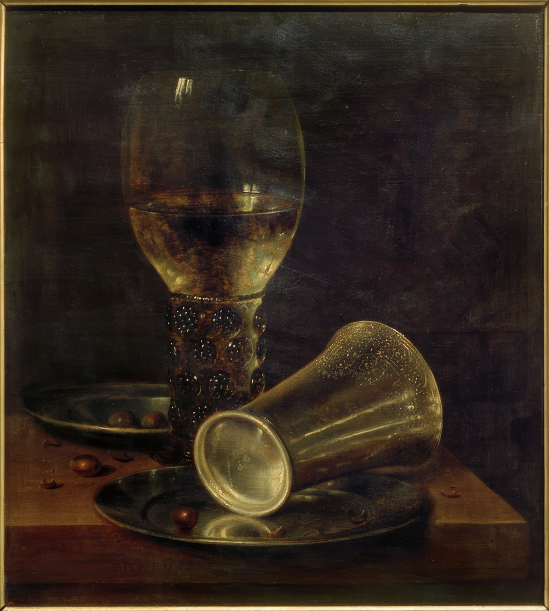 静物与沮丧的水杯 作者 威廉·克拉斯（Willem Claesz）。赫达