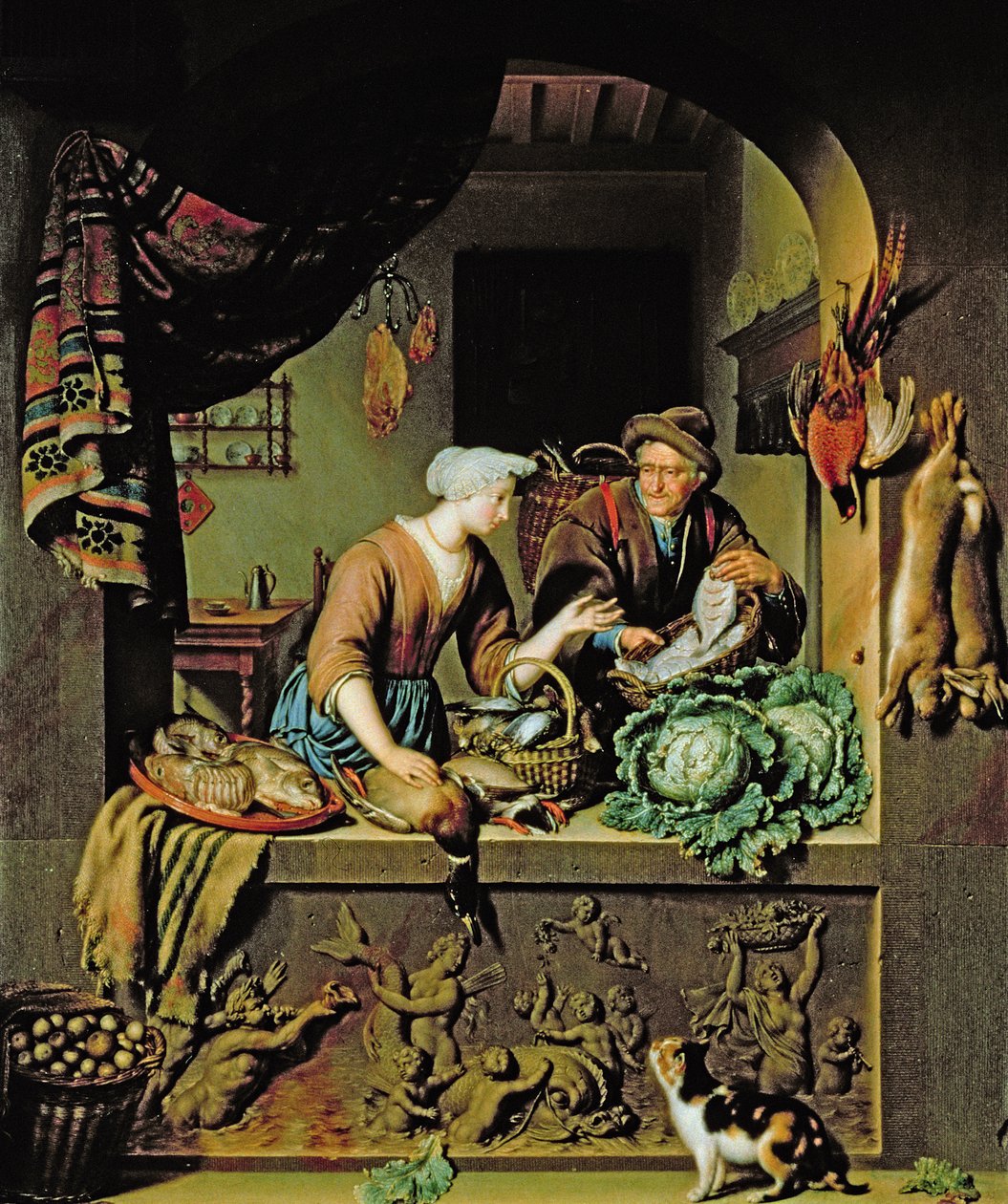 一个女人和一个鱼贩，1713年 作者 威廉·范·米耶里斯（Willem Van Mieris）