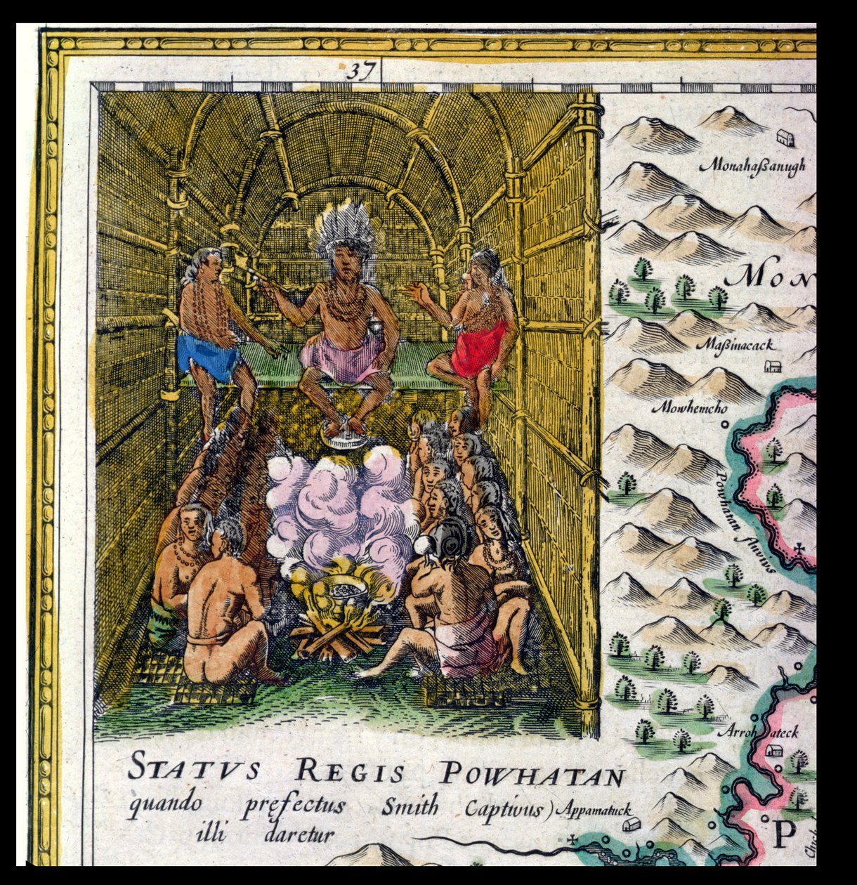 Powhattan Tribe的酋长，来自&39;Nova Virginiae Tabula&39;的细节，由Jodocus Hondius（1563-1612）和Dirck Gryp雕刻，1647年 作者 琼·布劳