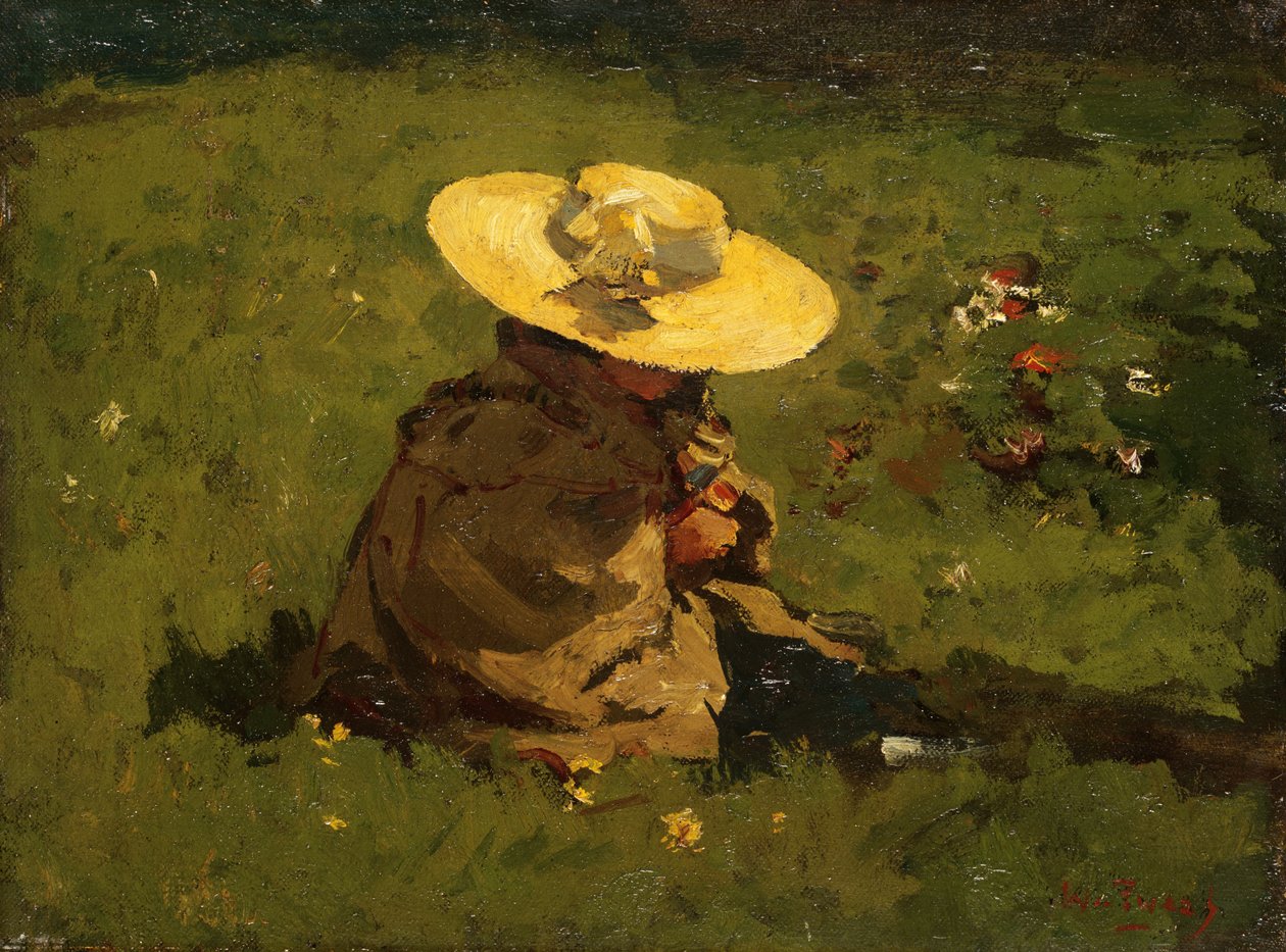 草地上的女孩，c.1895（面板） 作者 威廉·德·兹瓦特