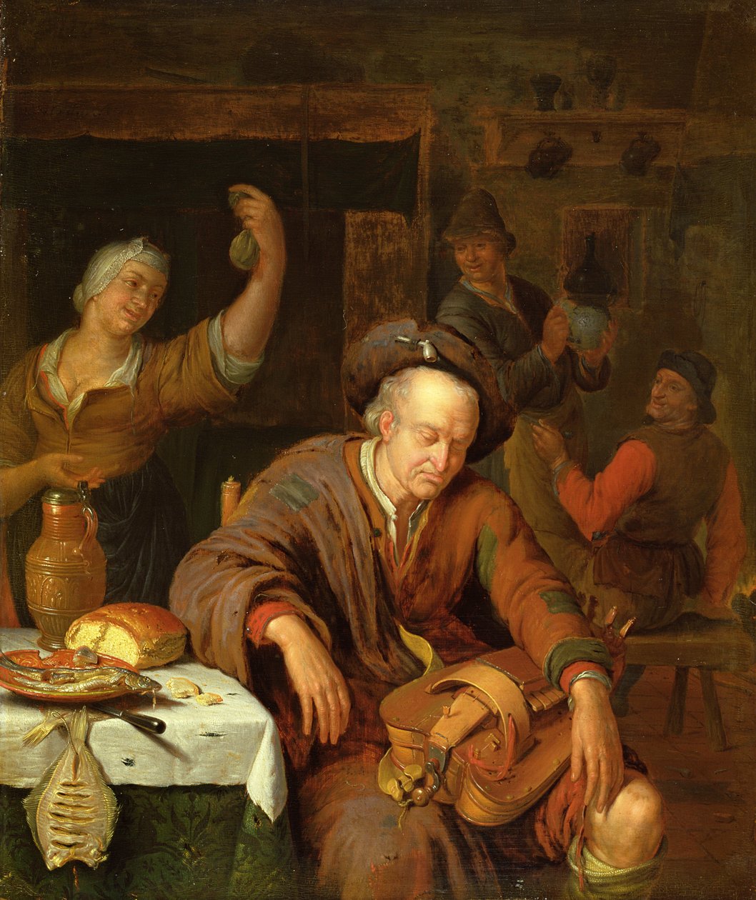 Hurdy Gurdy玩家在酒馆里睡着了 作者 威廉·范·米耶里斯（Willem Van Mieris）
