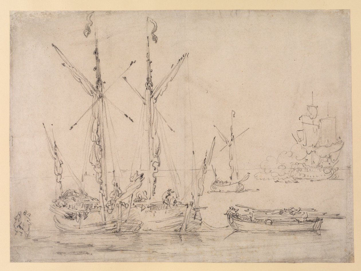 河口场景：三艘Galliots，一艘驳船和一艘护卫舰发射礼炮，c.1675（纸上石墨） 作者 威廉·范德维尔德