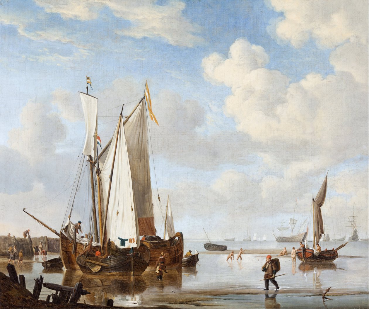 一个wijdschip和一个入口靠近海墙的kaag 作者 威廉·维尔德·雅戈尔（Willem Velde Younger）和de van工作坊