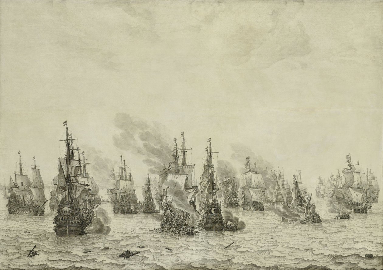 利沃诺之战或里窝那，c.1659-99（面板上的钢笔画） 作者 老威廉·范·德·维尔德