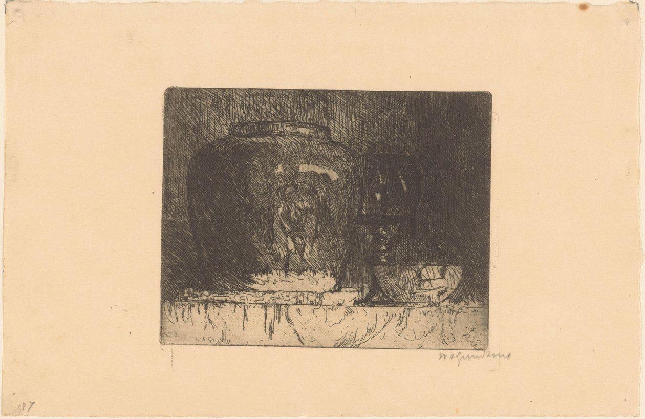 姜罐、酒杯和碗的静物画 作者 Willem Adrianus Grondhout（艺术家签名）