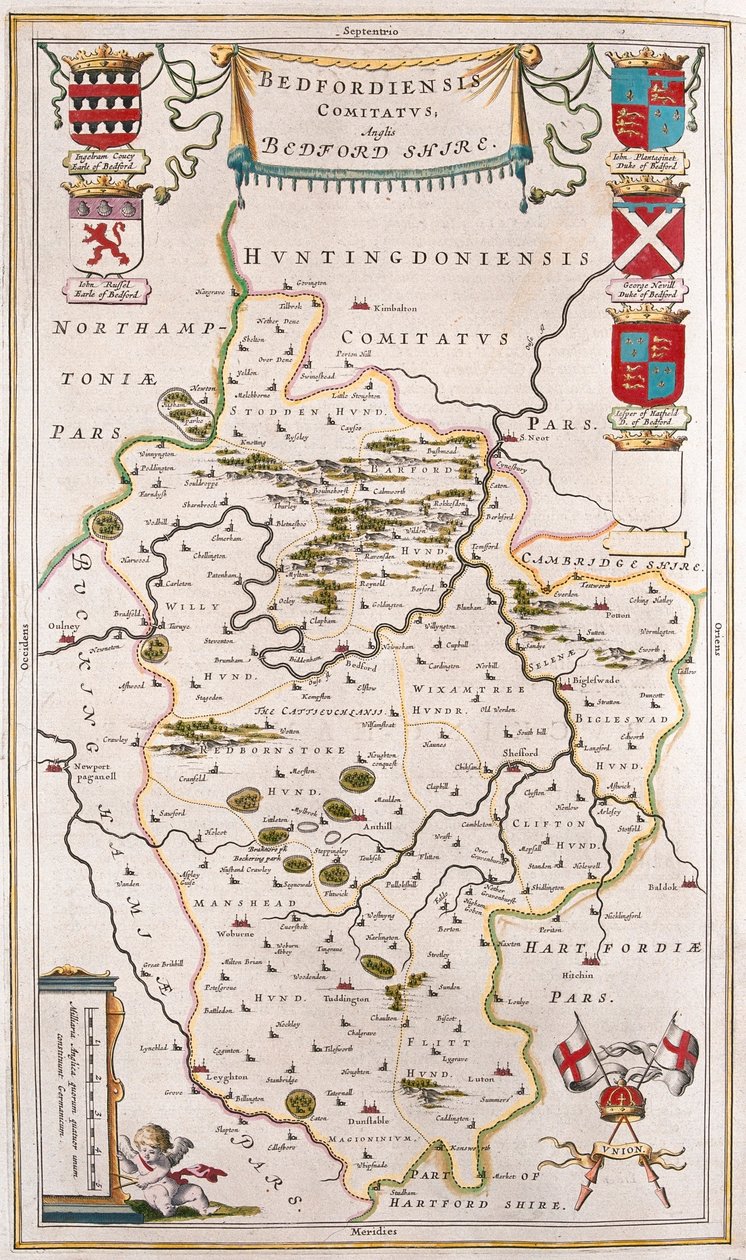 贝德福德郡，载于威廉-布劳（Willem Blaeu）的 "Theatrum Orbis Terrarum, sive Atlas Novus"，阿姆斯特丹 作者 威廉·布劳
