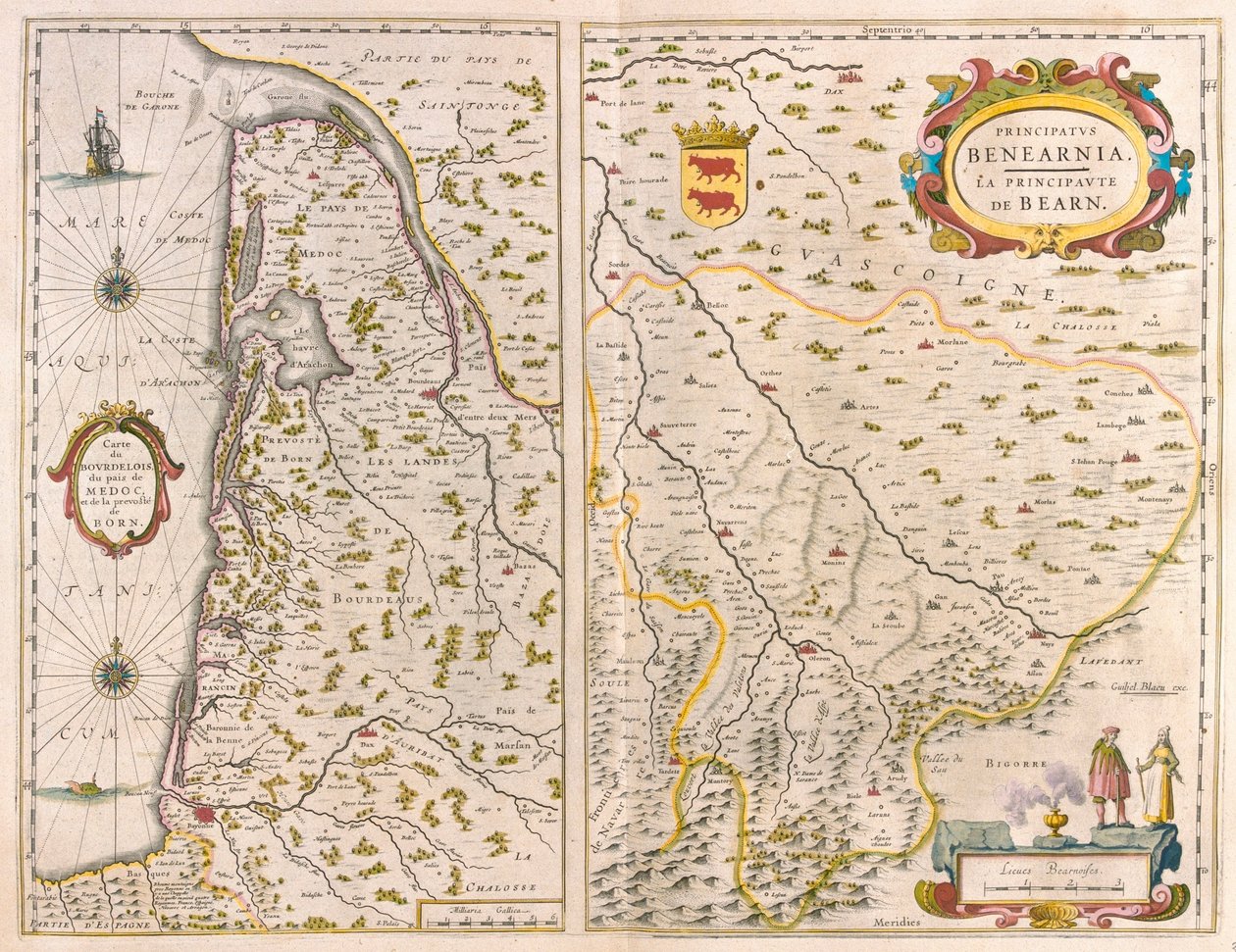 Bordelais-Pays du Médoc - Born- Aquitaine- 法国西海岸，阿姆斯特丹 Willem Blaeu 所著《Theatrum Orbis Terrarum, sive Atlas Novus》中。 作者 威廉·布劳