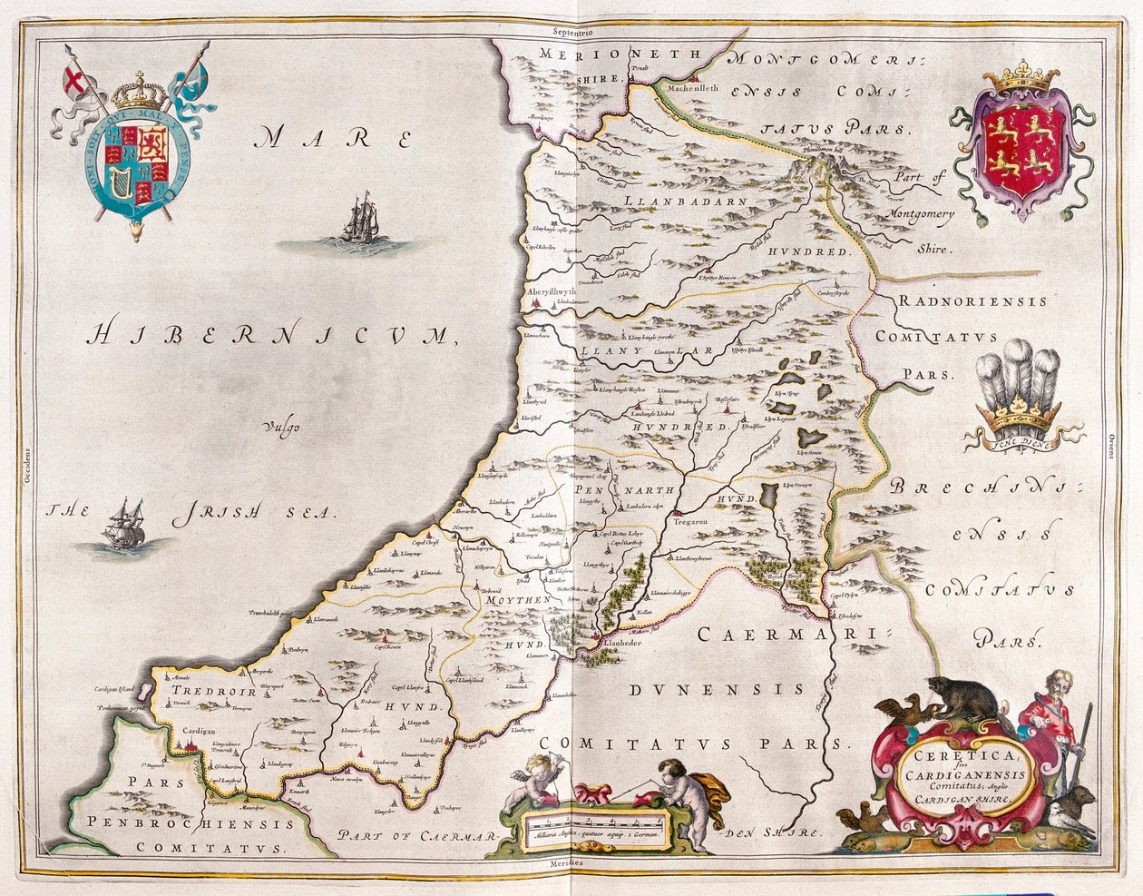 卡迪根郡，载于威廉-布劳（Willem Blaeu）在阿姆斯特丹绘制的 "Theatrum Orbis Terrarum, sive Atlas Novus"。 作者 威廉·布劳