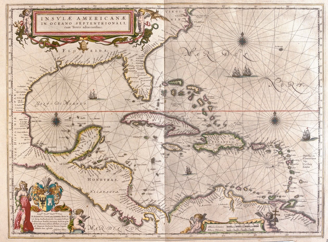 加勒比海、洪都拉斯和佛罗里达，载于威廉-布劳的 "Theatrum Orbis Terrarum, sive Atlas Novus"，阿姆斯特丹 作者 威廉·布劳