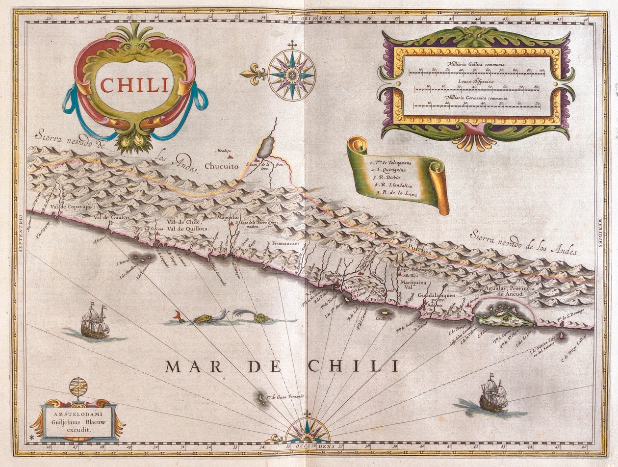 智利，载于威廉-布劳（Willem Blaeu）的 "Theatrum Orbis Terrarum, sive Atlas Novus"，阿姆斯特丹 作者 威廉·布劳