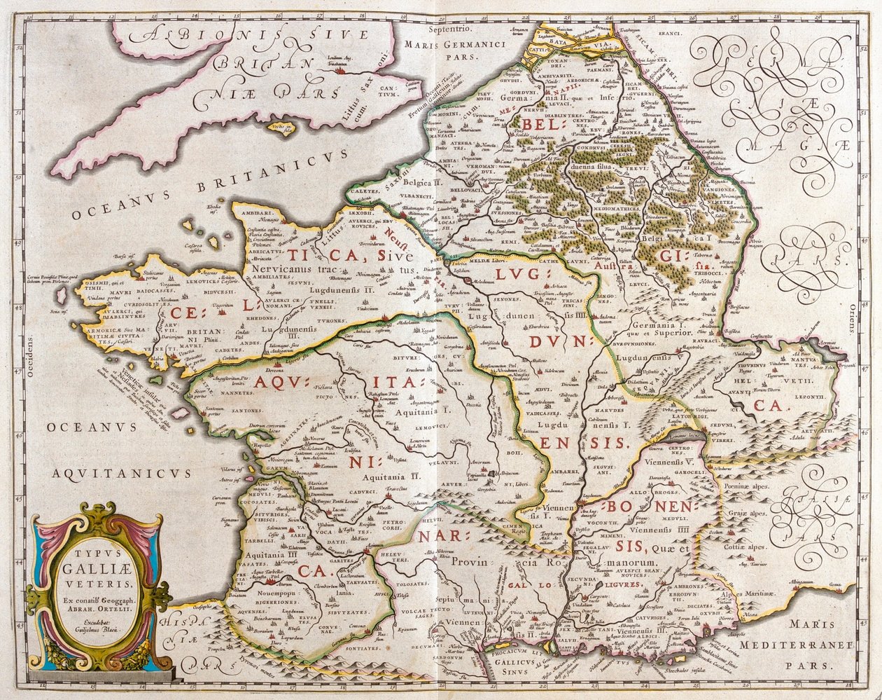 Willem Blaeu 在阿姆斯特丹绘制的 "Theatrum Orbis Terrarum, sive Atlas Novus "中描绘的古代法国的国家。 作者 威廉·布劳