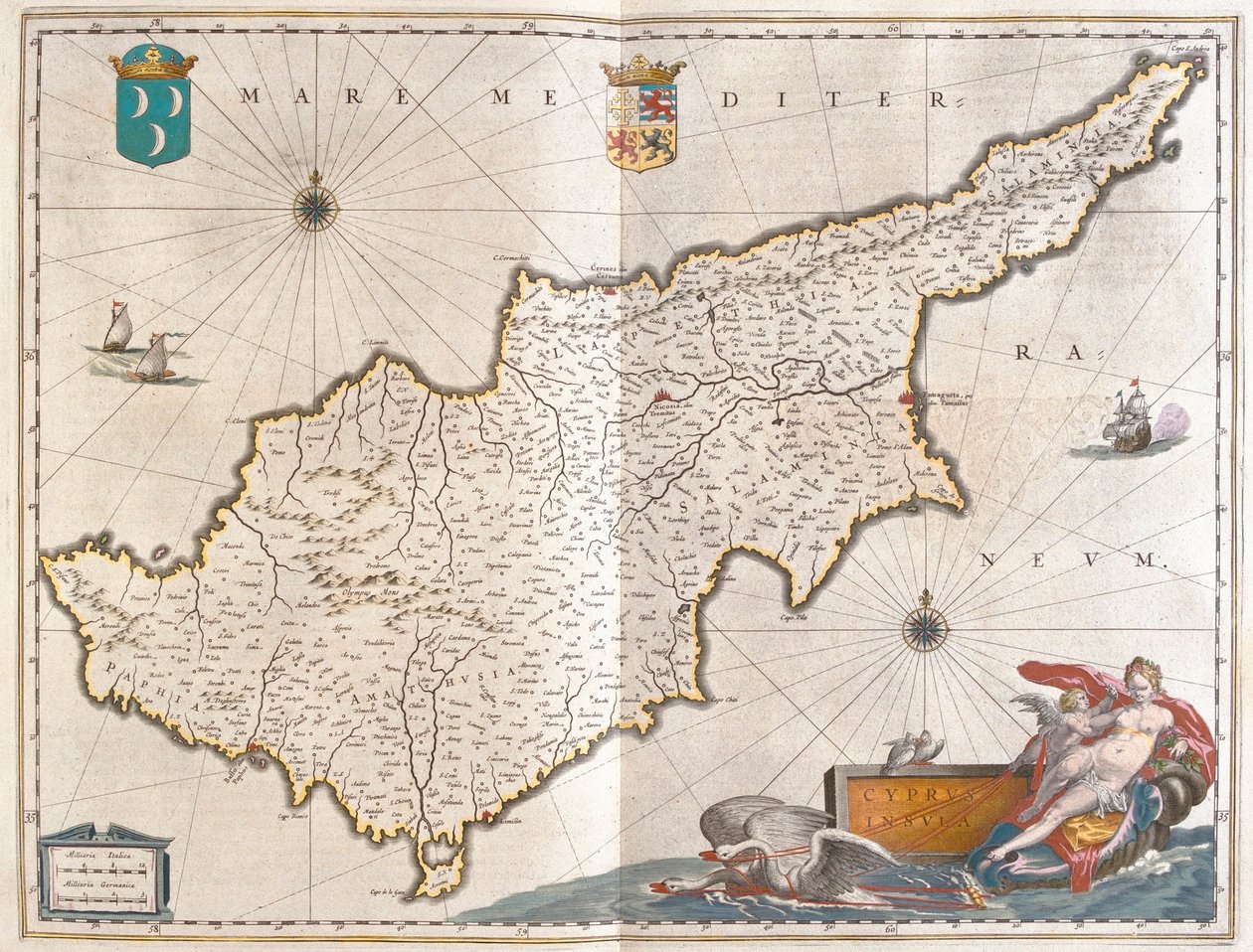 塞浦路斯，载于威廉-布劳（Willem Blaeu）的 "Theatrum Orbis Terrarum, sive Atlas Novus"，阿姆斯特丹 作者 威廉·布劳