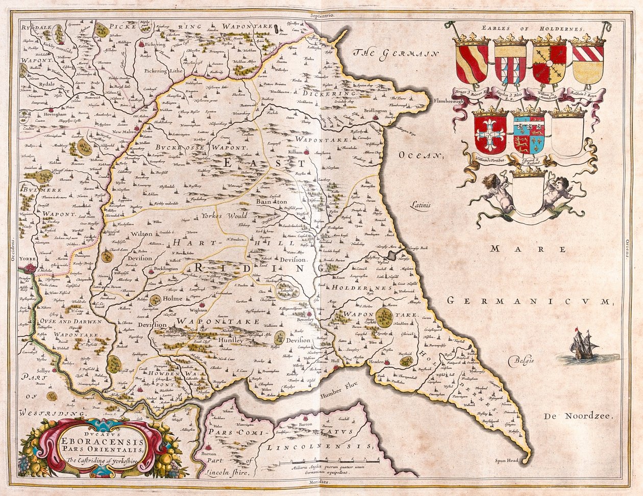 约克郡东区，载于威廉-布劳（Willem Blaeu）所著的 "Theatrum Orbis Terrarum, sive Atlas Novus"，阿姆斯特丹 作者 威廉·布劳