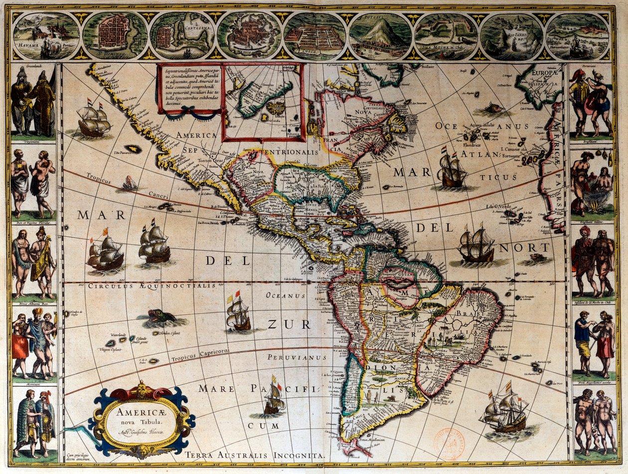 美国的地理地图。在Willem Janszoon Blaeu（1571-1638）制作的《Le theatre du monde ou le nouvel atlas Amsterdam》中 作者 威廉·布劳