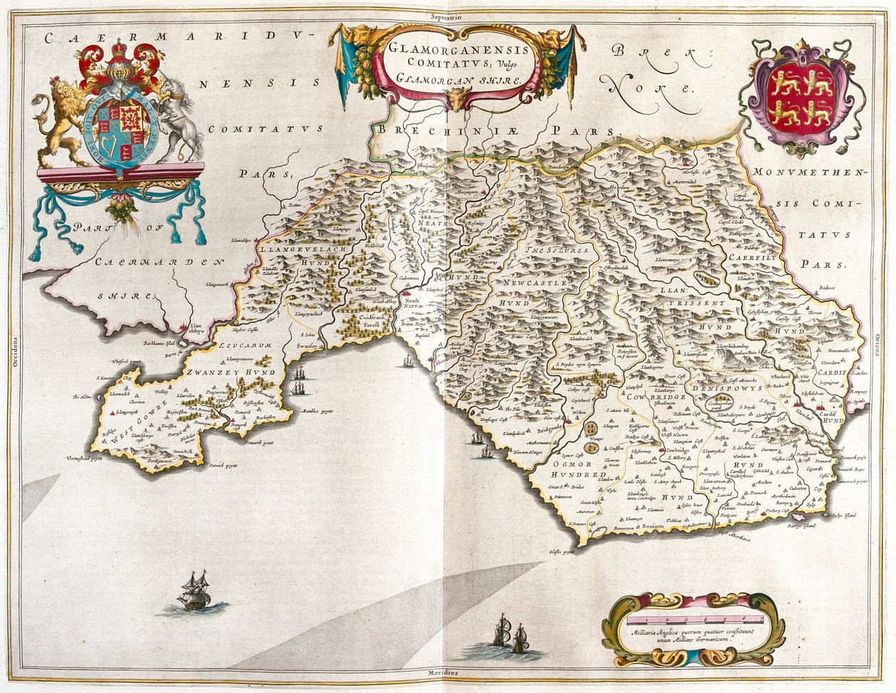 格拉摩根郡，载于阿姆斯特丹 Willem Blaeu 编著的《Theatrum Orbis Terrarum, sive Atlas Novus》。 作者 威廉·布劳